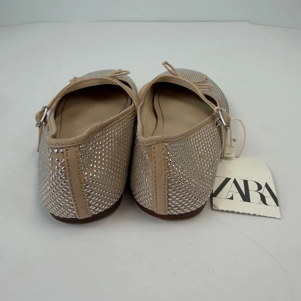 Zara Kids Silver Studded Mary Jane Ballet Flats Bow Detail Beige Size 4 36 NEW